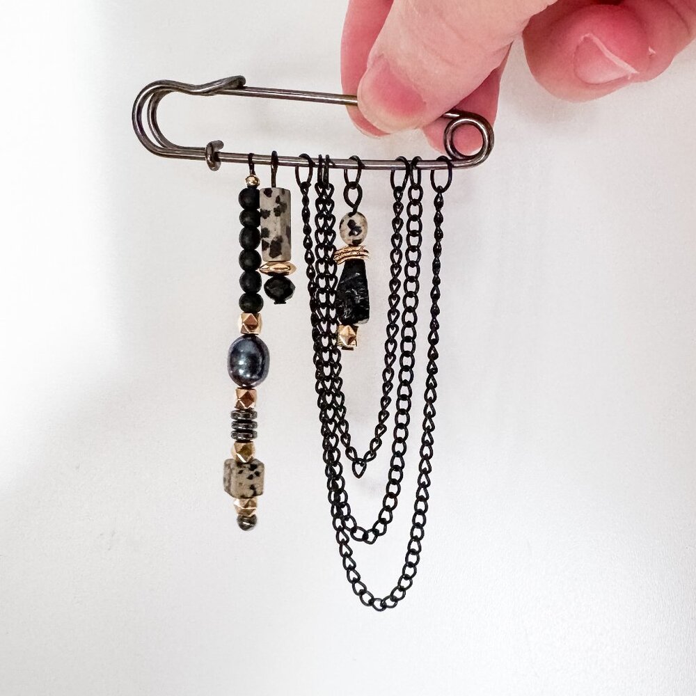 Handmade Goth Black Pearl Safety Pin Brooch
